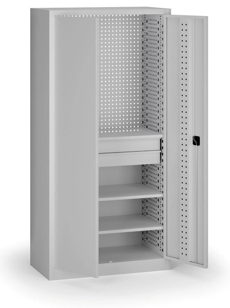 Szafa warsztatowa, 3 półki + 2 szuflady, 1950 × 950 × 500 mm, szare drzwi