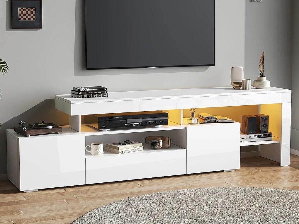 Meble TV 192x37x53 cm - 3 drzwi odchylne - z LED - Półotwarte przechowywanie - Błyszczące wykończenie - Biały