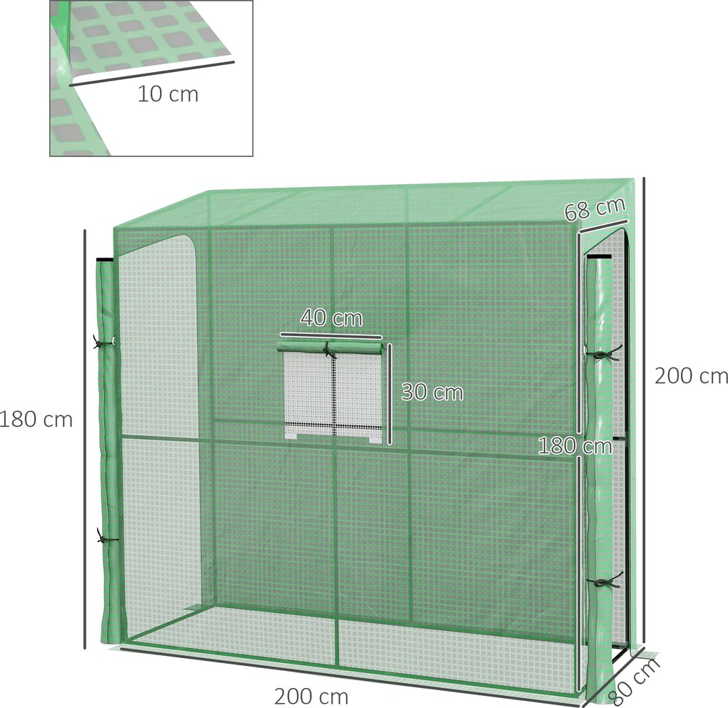 Outsunny Szklarnia Przyścienna z Folią, Wzrost Roślin, Odporna na Pogodę, 200 cm x 80 cm x 200 cm, Zielony