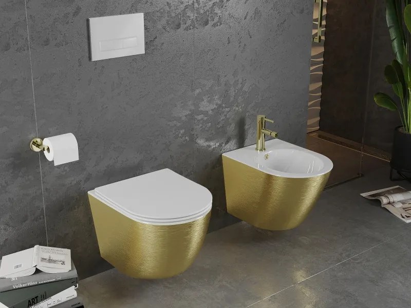 Mexen Lena miska wc Rimless z deską wolnoopadającą slim, duroplast, biała/złota wzór linie - 30224007