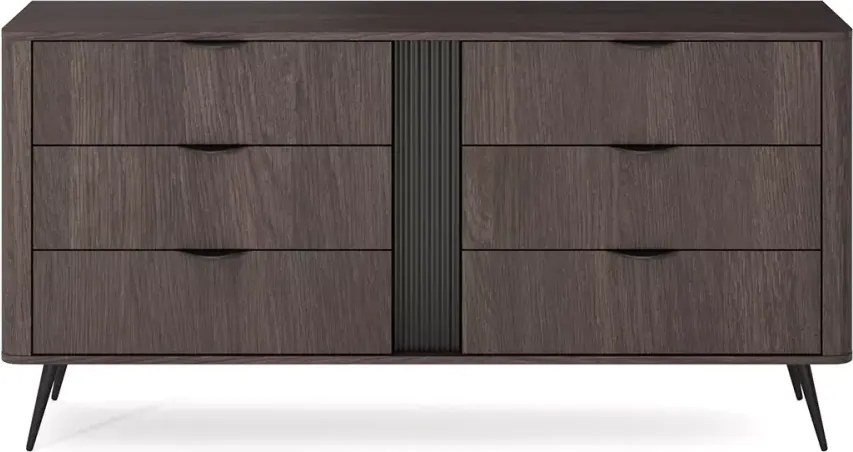 Komoda Valeri II – elegancka komoda z 6 szufladami, ryflowaną dekoracją i czarnymi metalowymi uchwytami