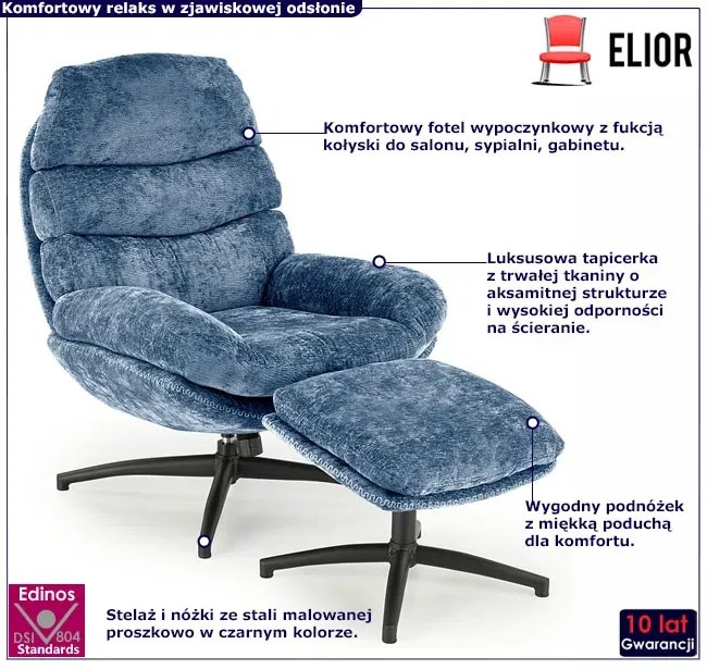 Niebieski fotel z funkcją kołyski i podnóżkiem Z9-K44