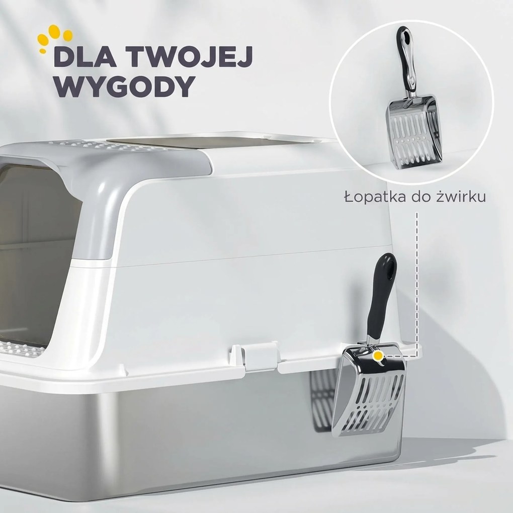 PawHut Toaleta dla kotów, kocie WC z pokrywą, łopatka do żwiru, wejście z przodu i wyjście na górze, stal nierdzewna do 15 kg