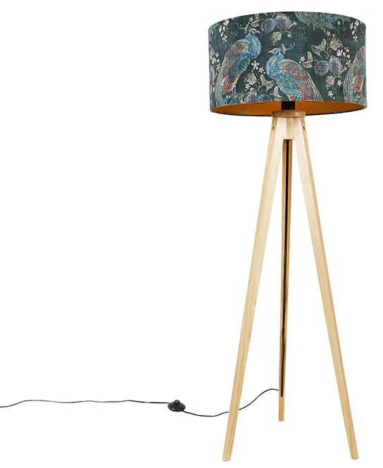 Nowoczesna lampa podłogowa drewniana z abażurem z tkaniny w kolorze czarnym z motywem pawia 50 cm - Tripod Classic Nowoczesny Oswietlenie wewnetrzne