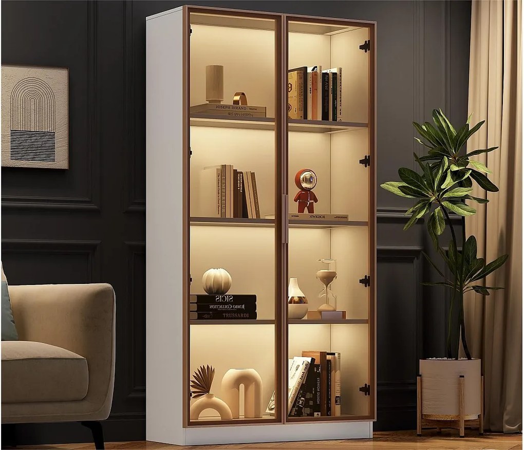 Nowoczesna witryna z oświetleniem LED w 16 kolorach - Wys. 160 cm - 2 drzwi z regulowanymi półkami - Przezroczysta