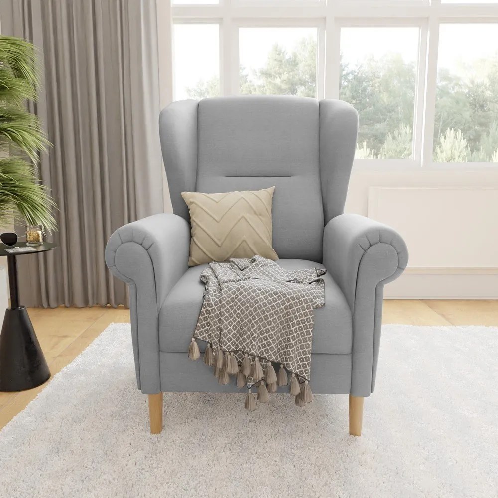 Jasnoszary fotel typu uszak Swan – Ropez