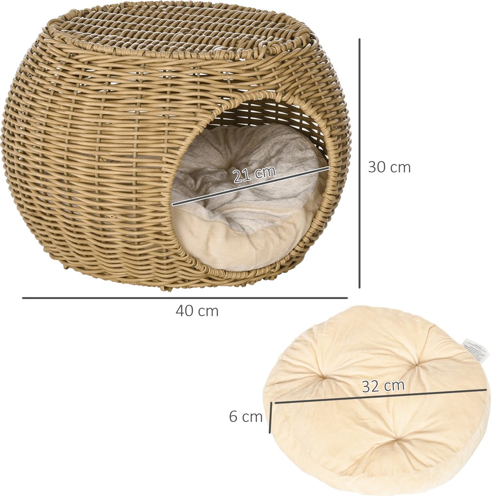 PawHut Domek dla kota kosz jaskinia 2 poziomy z plecionki imitacji rattanu z żywicy z 1 miękką poduszką Ø 40 x 30 cm jasnobrązowy | Aosom PL