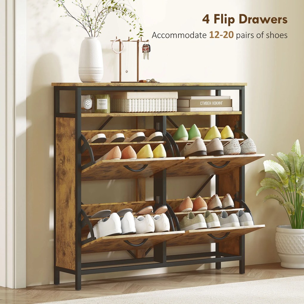 HOMCOM Szafka na buty z 4 składanymi szufladami, smukły design, otwarta półka, dla 12-20 par butów, stal, brązowy