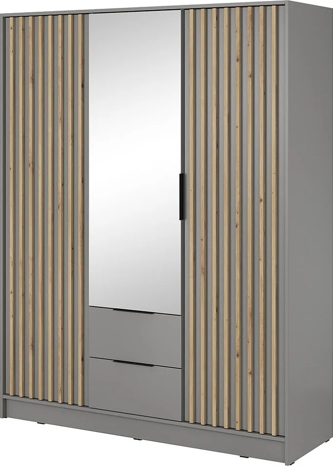 Szafa z lustrem Fioro - szafa otwierana 150 cm, 3 drzwi, szuflady - lamele, drążek, szary