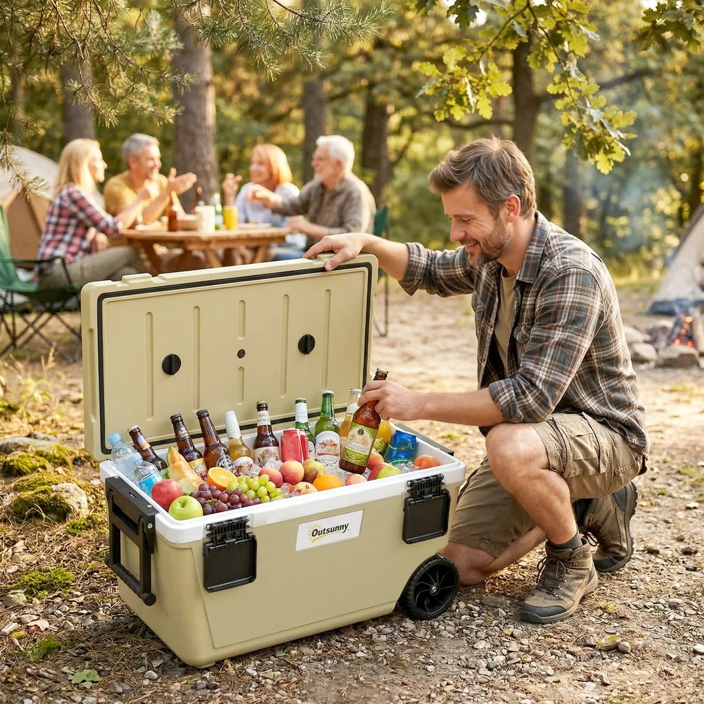 Outsunny Lodówka Turystyczna 70L Duża Pasywna Termobox do 72 Godz. Chłodzenia, z Izolacją PU Kółkami Zaworem Spustowym Uchwyt | Aosom PL