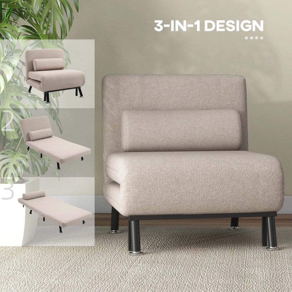 HOMCOM Składany fotel z funkcją spania, fotel relaksacyjny w wyglądzie lnu z regulowanym oparciem, 75 x 70 x 75 cm, Beżowy