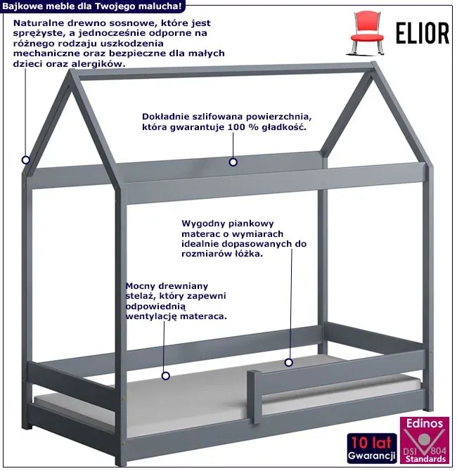 Szare łóżko dziecięce parterowe typu domek - Kiders 180x90 cm