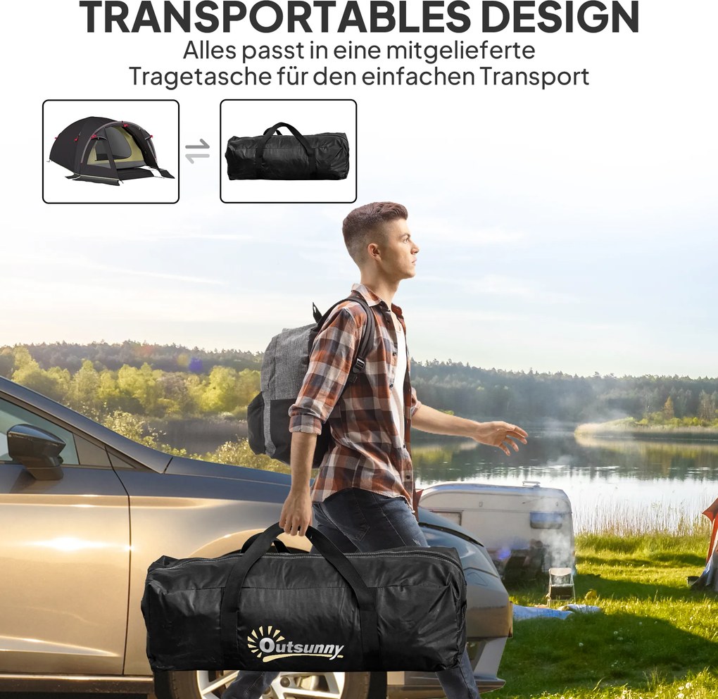 Outsunny Lekki Namiot Campingowy dla 4 Osób UV 50+ - Tunelowy, Czarny z Przedsionkiem, Bocznymi Drzwiami i Oknami