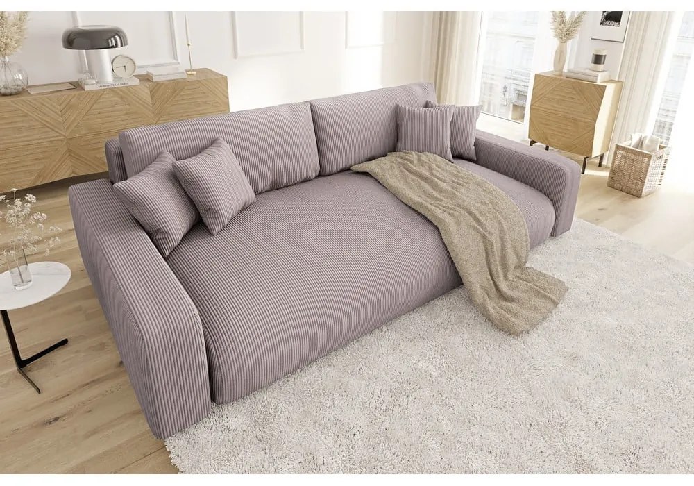 Jasnoróżowa sztruksowa rozkładana sofa ze schowkiem 234 cm Sara – Ropez