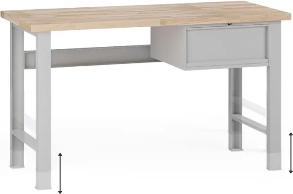 Stół warsztatowy z regulacją wysokości G7, blat bukowy, 1500 x 685 x 840-1040 mm, 1x kontener, 1x szuflada, szary