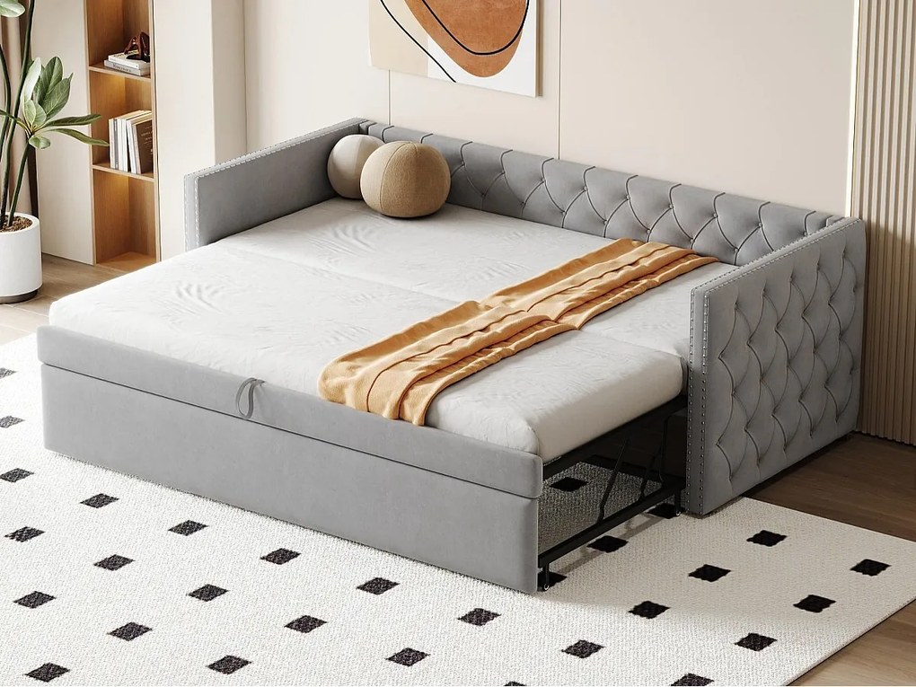 Pikowana kanapa rozkładana z weluru - 90/180x200 cm - Rama łóżka wysuwanego - z stelażem lamelowym - Jasnoszary