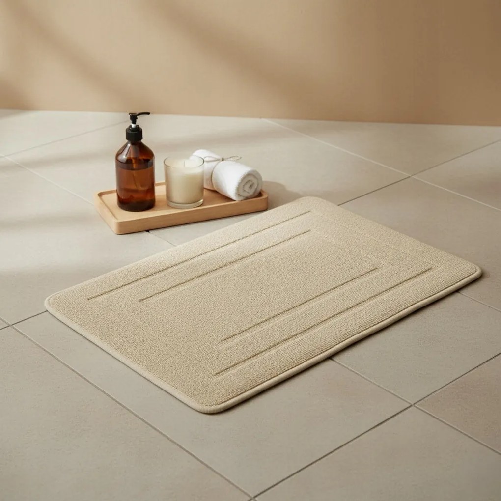 Beżowy Dywanik Łazienkowy 40x60 cm Dekoracyjny gumowy spód antypoślizgowy-L / Biały