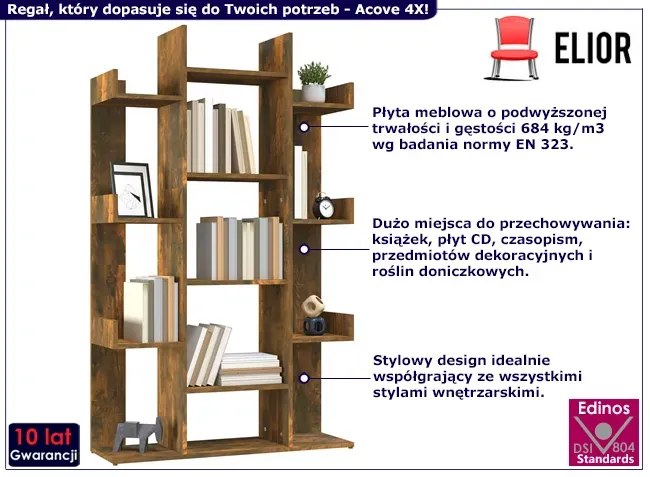 Nowoczesny otwarty regał na książki przydymiony dąb Skand