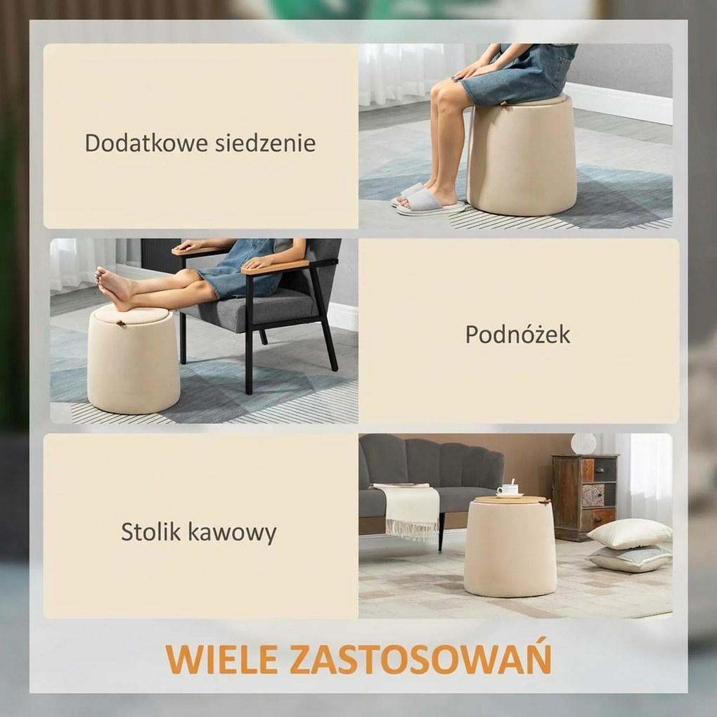 HOMCOM Podnóżek aksamitny ze schowkiem beżowy 2w1 praktyczny pojemnik do przechowywania do salonu | Aosom PL