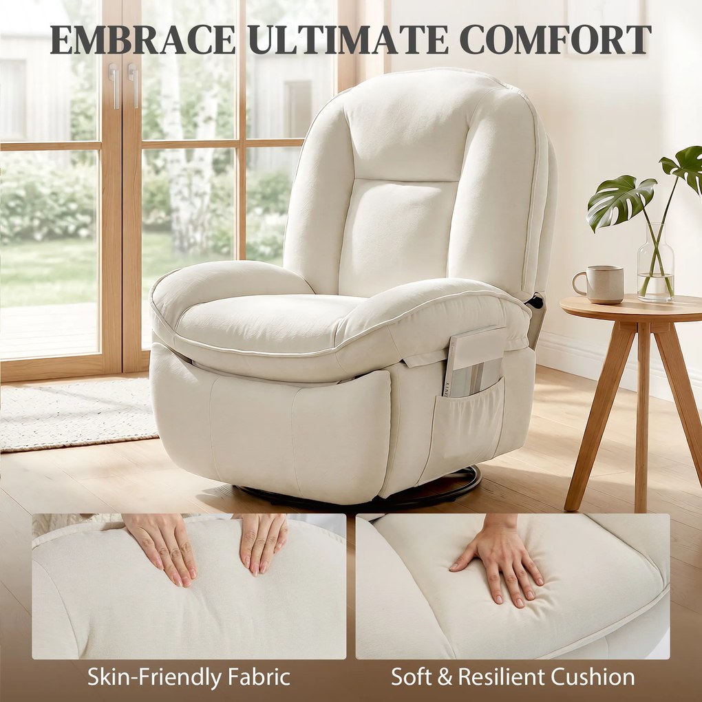 HOMCOM Fotel Relaksacyjny, Obracany Fotel z Funkcją Kołysania i Rozkładania, Głębokie Siedzisko, Grube Oparcie, Łatwy Montaż, Kremowy | Aosom PL