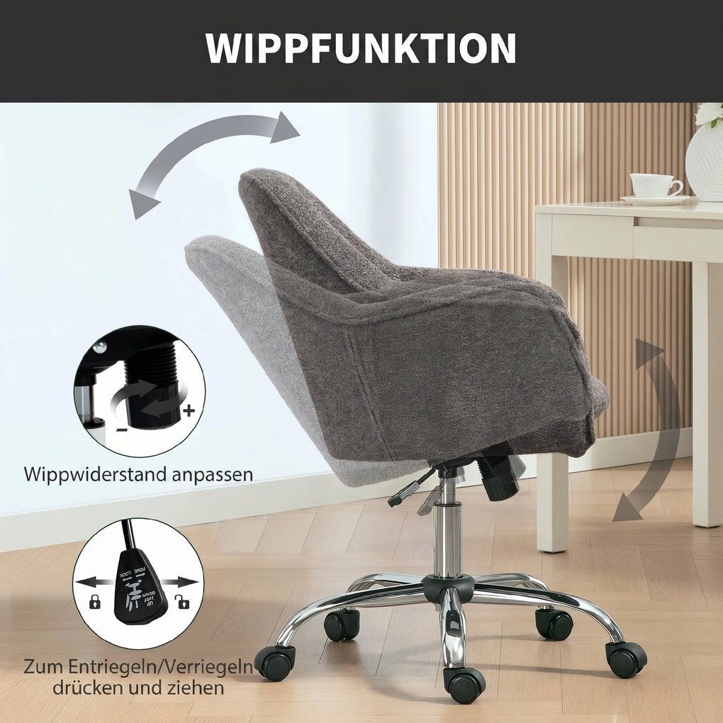 HOMCOM Krzesło biurowe do Home Office z funkcją bujania i obrotu, fotel komputerowy na kółkach dla dorosłych, szary | Aosom PL