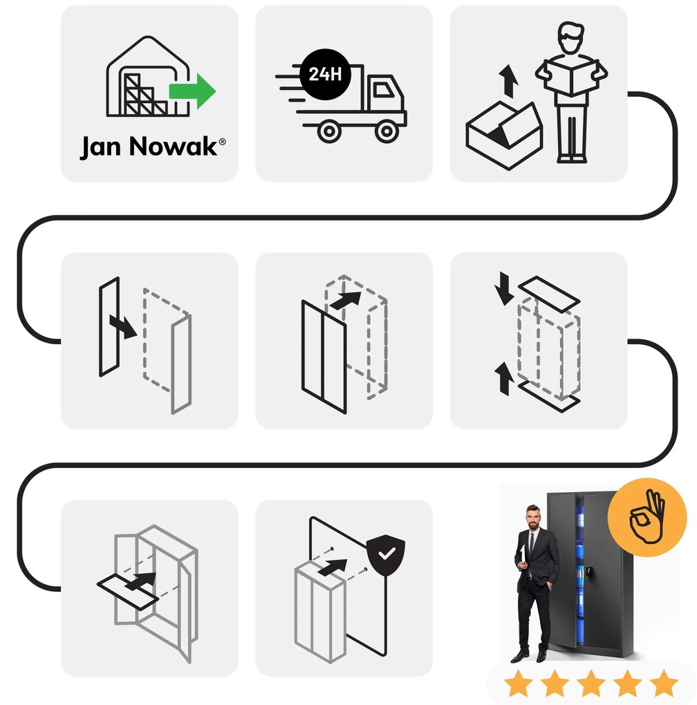 Szafa biurowa na dokumenty antracytowa: JAN, 900 x 1850 x 400 mm