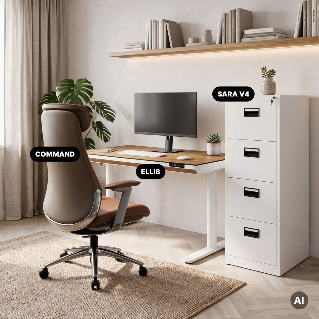 Biurko elektryczne sit-stand z szufladą i ładowarką bezprzewodową Qi białe/złoty dąb, 1200 mm: ELLIS