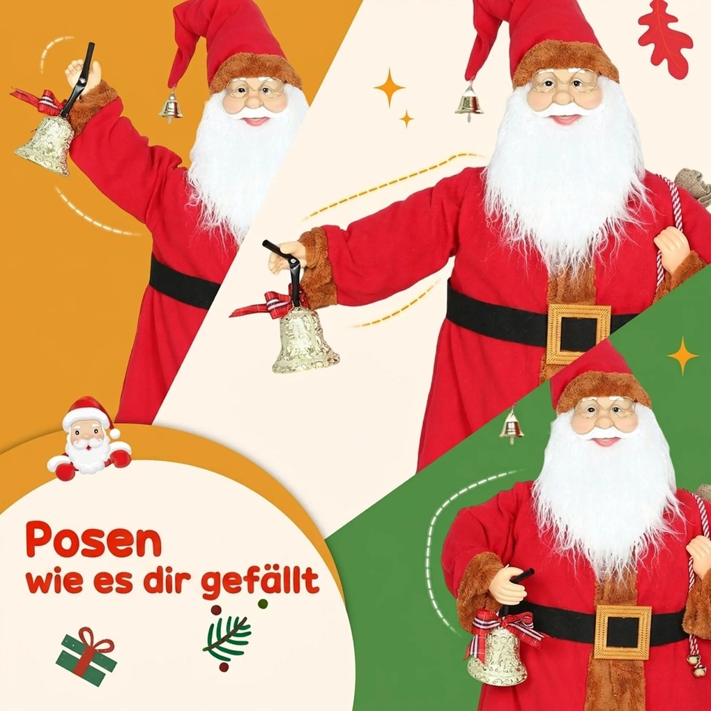 HOMCOM Mikołaj 120 cm figurka Świętego Mikołaja z ruchomą głową i ramionami, dzwonkiem i workiem, czujnik dźwięku i dotyku | Aosom PL