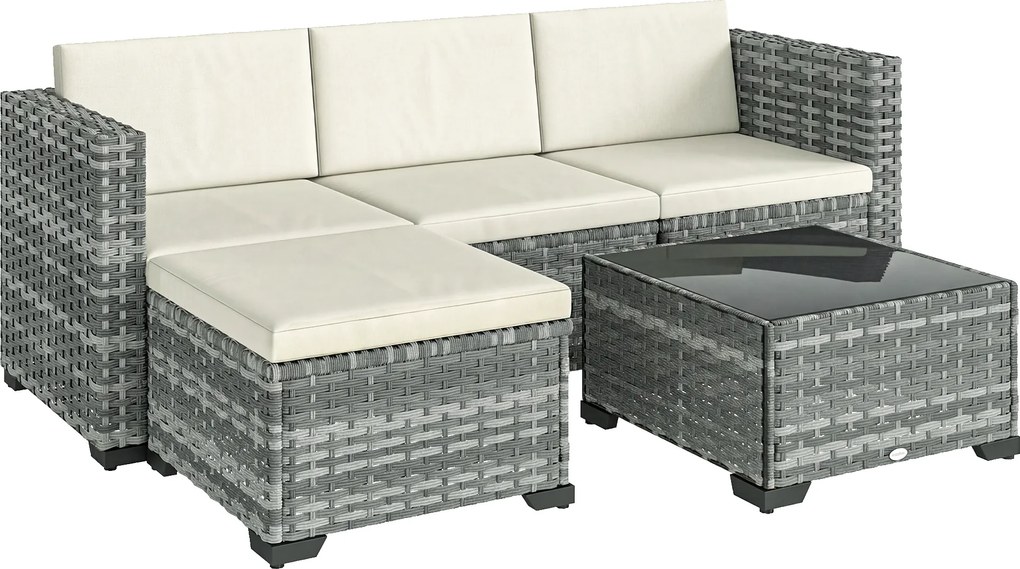 Outsunny Zestaw mebli ogrodowych polyrattan 5 elementów narożna sofa z podnóżkiem i stolikiem kawowym kremowy szary | Aosom PL