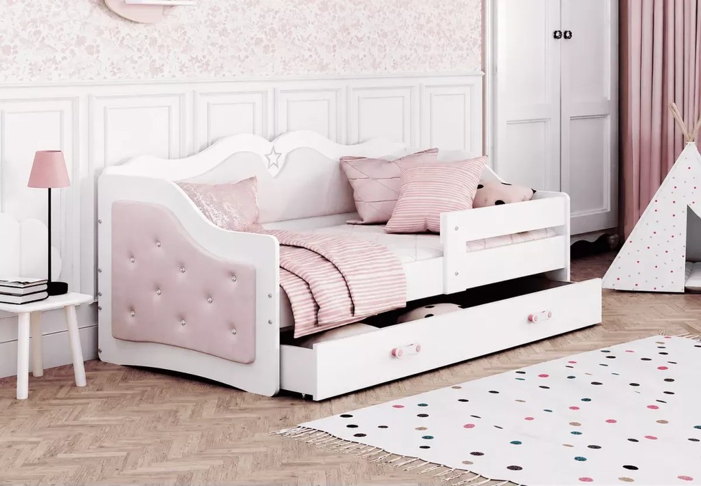Łóżko tapicerowane Corsi z szufladą 160x80 / 180x80 – białe, szare, pudrowy róż