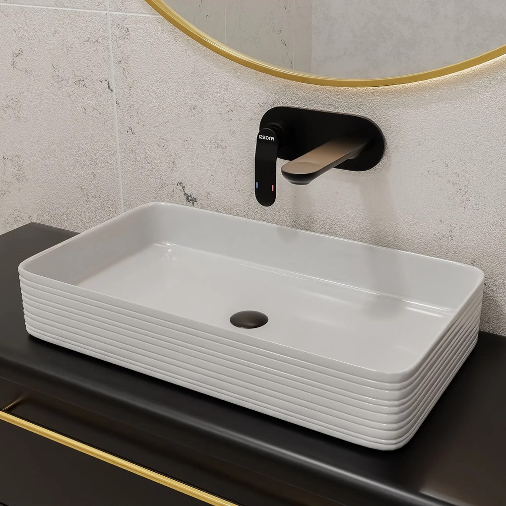 Umywalka ceramiczna nablatowa prostokątna ryflowana biała 67 x 38 cm LAMI