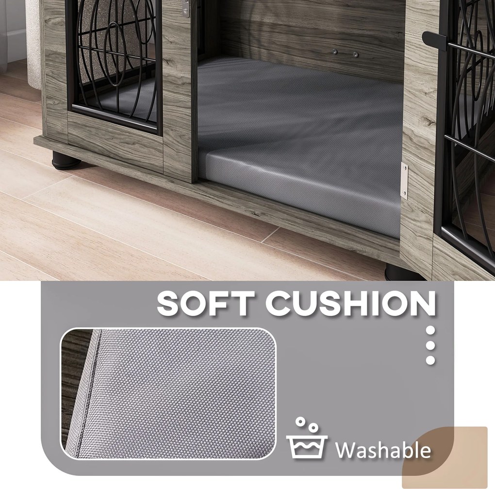 PawHut Klatka dla psów z miękką poduszką, do 20kg/50cm długości ciała, Metal, 80x56x63cm, Szary/Dekor drewna