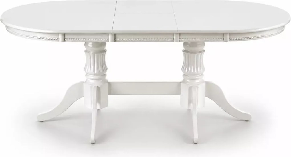 Biały stół Celeste 150-190x90 – elegancki owalny rozkładany stół z MDF lakierowanego na drewinaych rzeźbionych nogach