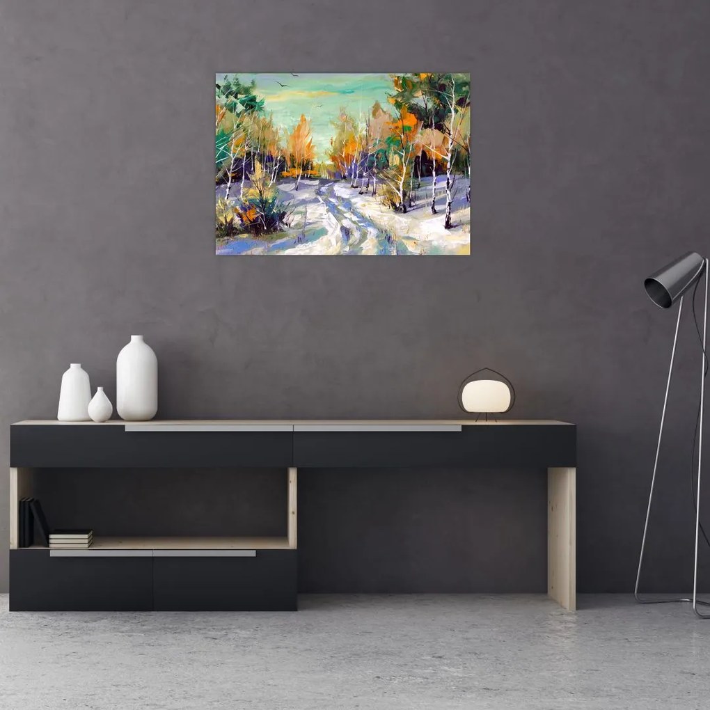Obraz na szkle - Zaśnieżona ścieżka przez las, obraz olejny (70x50 cm)