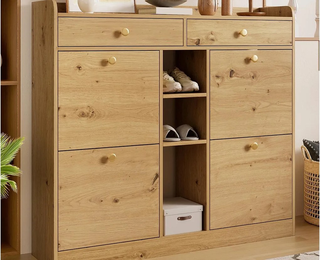 Szafa na buty 110x26x100 cm - 4 drzwi uchylne, 2 szuflady i 3 otwarte półki - Płyta wiórowa - Naturalny