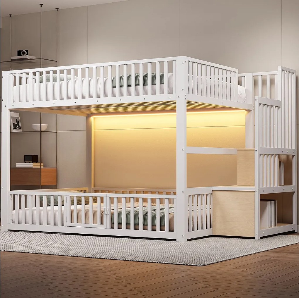 Łóżko piętrowe dla dzieci - 2 x 140 x 200 cm - z drabinką + diody LED - MDF + metal - białe
