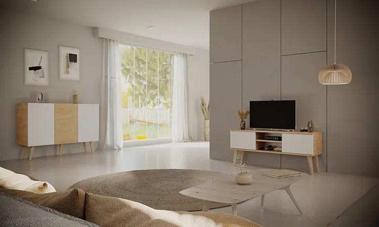 Skandynawska komoda z gładkim frontem dąb artisan + biały - Dubby 3X