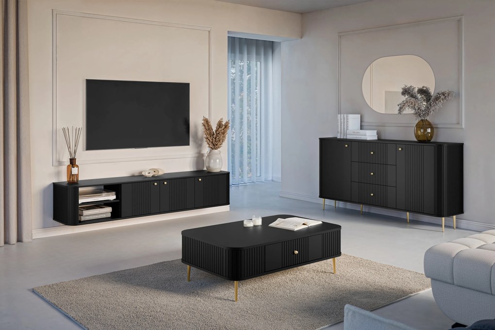 Szafka RTV Vesper 3D wisząca 187 cm na cokole - czarny / złote uchwyty