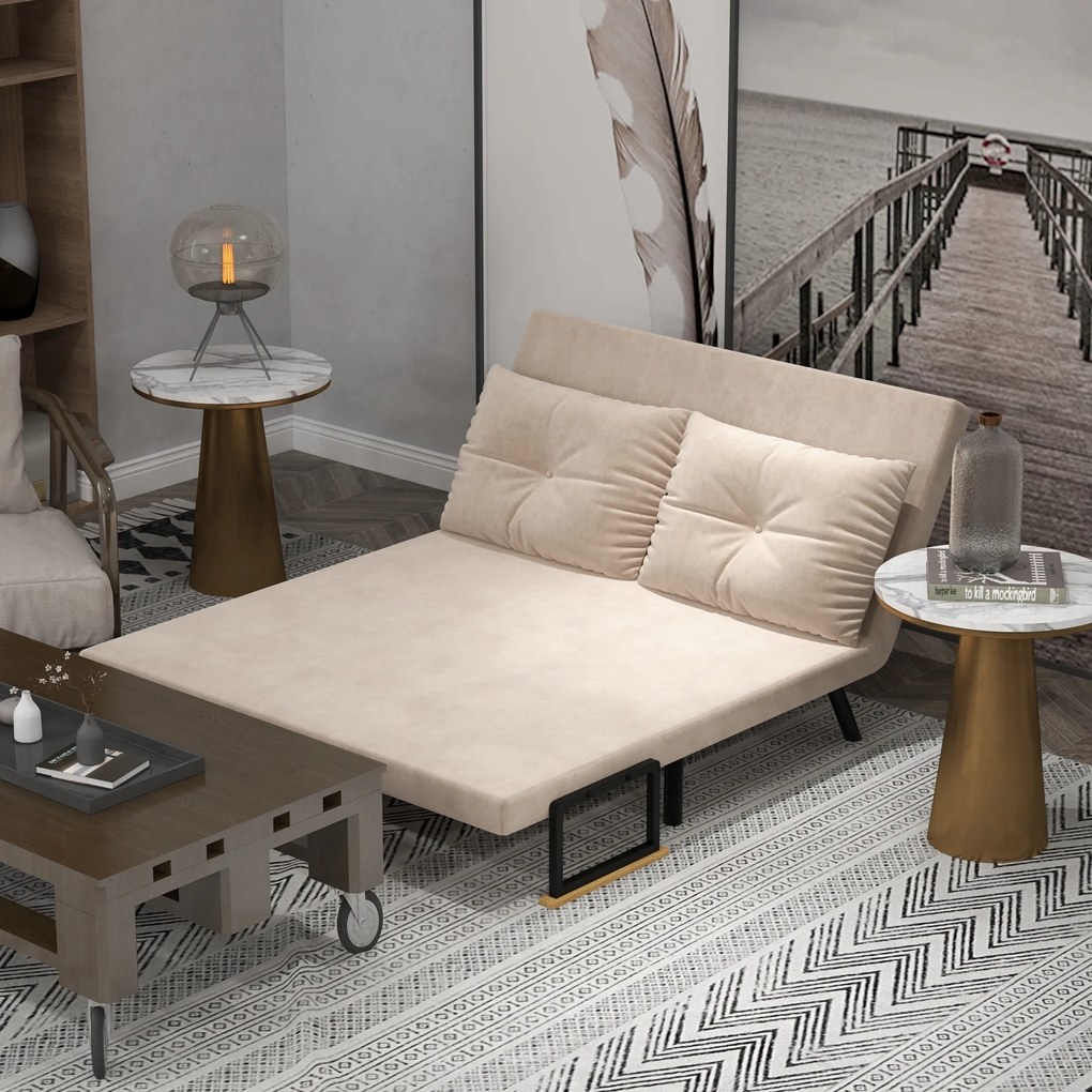 HOMCOM Sofa 2 osobowa z funkcją spania aksamitna z 2 poduszkami w kolorze naturalnym beżowym czarnym | Aosom PL