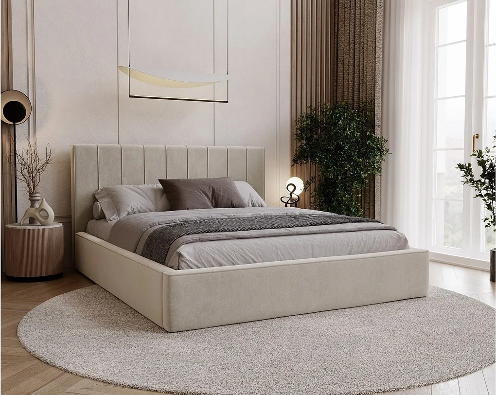 BESILIO Stylowe łóżko tapicerowane 120x200 Persea - stelaż metalowy, pojemnik na pościel, ozdobna lamówka - Beżowy