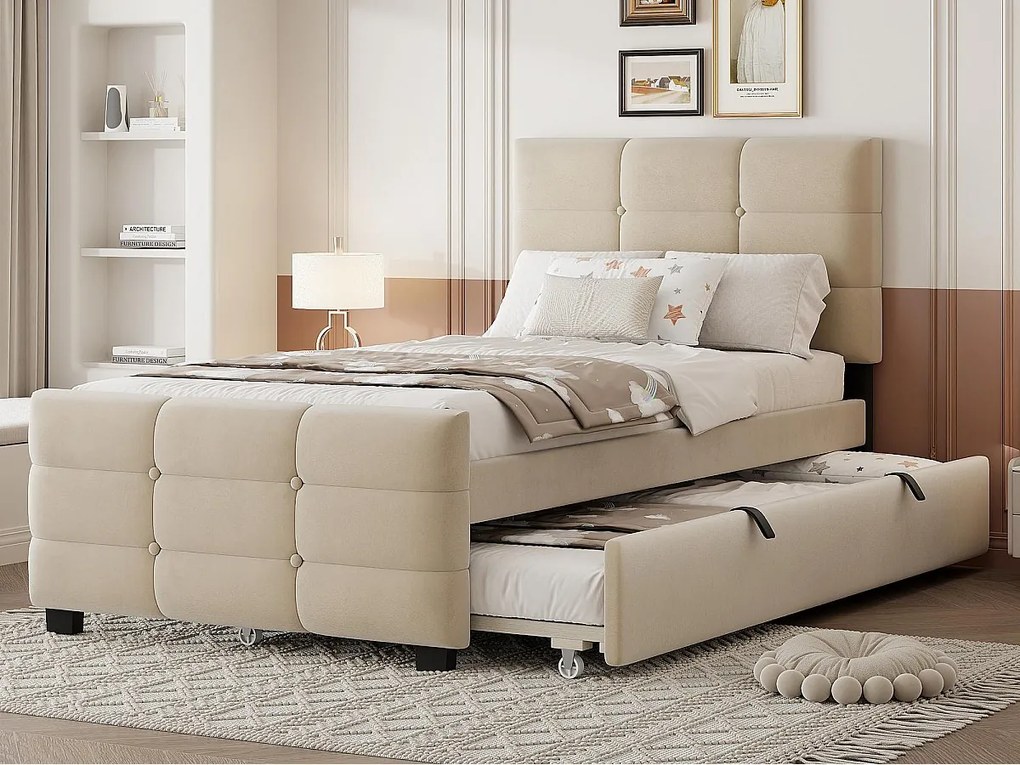 Tapicerowane łóżko 90 x 190 cm - z łóżkiem chowanym - tkanina welurowa - beżowy​ (materac nie jest wliczony w cenę)