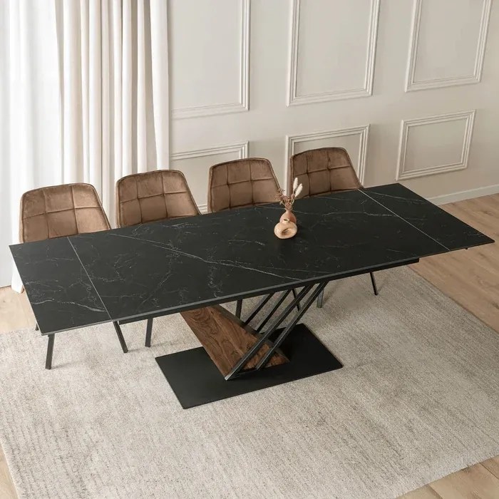 Stół Rozkładany Prostokątny REX 2 180-240 cm Ceramiczny Czarny Marmur/Orzech Japandi