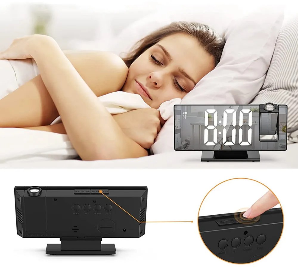 ELEKTRONICZNY ZEGAR LED cyfrowy z projektorem budzik termometr lustro 4w1