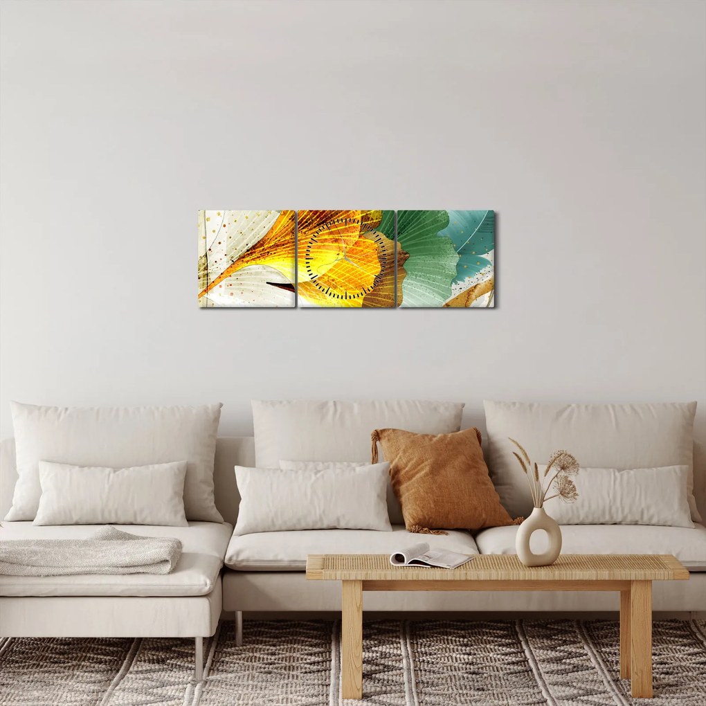 Obraz - Liście (z zegarem) (90x30 cm)