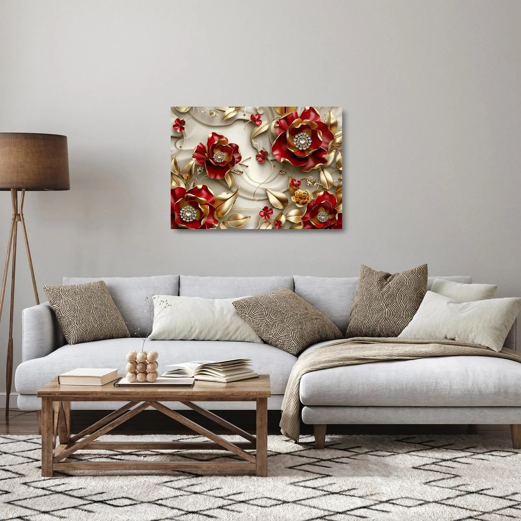 Obraz na szkle - 3D czerwono-złote kwiaty (70x50 cm)