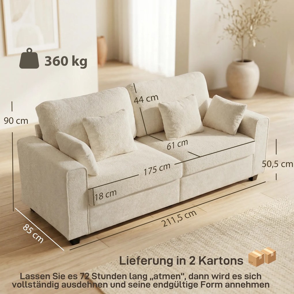 HOMCOM Beżowa Sofa 3-osobowa z Tkaniną o Strukturze Weluru, Głębokim Siedziskiem, Poduszkami z Pianki, Szerokimi Podłokietnikami i 4 Poduszkami | Aosom PL