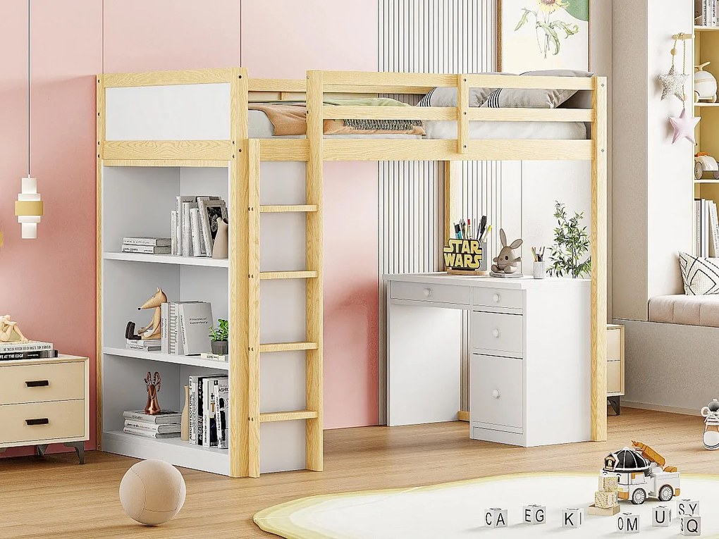 Łóżko mezzanine 90x200 cm - z meblami do przechowywania i biurkiem - z litego drewna - naturalne