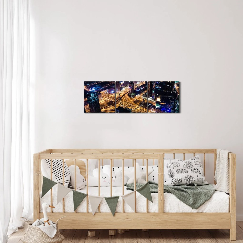 Obraz miasta nocą (z zegarem) (90x30 cm)