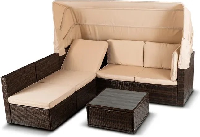 Zestaw Mebli Ogrodowych CALIENTE Modułowy Sofa 2x Fotel Stolik Tarasowy Brązowy/Beżowy Technorattan Nowoczesny