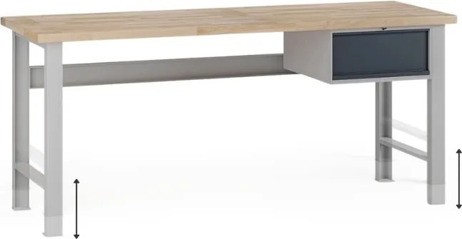 Stół warsztatowy z regulacją wysokości G7, blat bukowy, 2000 x 800 x 840-1040 mm, 1x kontener, 1x szuflada, grafitowy